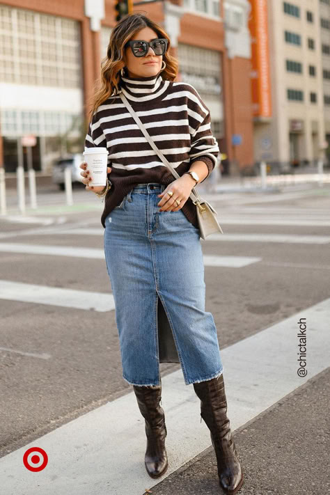 Make a statement this fall with a cozy-chic outfit. Slip on a comfy sweater & a denim skirt with a pair of boots to elevate any look. Denim Skirt Outfits, Skirts With Boots, Fall Denim, Fall Fashion Outfits, Casual Fall Outfits, Winter Fashion Outfits, Fall Winter Outfits, Outfits Casuales, Skirt Outfits