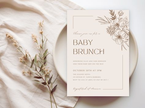 Boho Baby Brunch Invitation EDITABLE TEMPLATE ⭐ INSTANT DIGITAL DOWNLOAD Customize within minutes!  MATCHING ITEMS: INVITATION SET: https://mandldesigncompany.etsy.com/listing/1597762235 30 Baby Shower Games Pack: https://mandldesigncompany.etsy.com/listing/1634682631/baby-shower-games-bundle-minimalist-baby With this template, you will be able to edit background colors, fonts, font colors, text, and font sizes. You can also remove or add images of your choice.  You'll need Canva to edit this invitation, but if you don't have it, don't worry! Canva is FREE! It's very easy to use in your browser. ⭐ This design is a DIGITAL template to edit and print yourself. You will NOT receive a physical item. ⭐ 🧡 How do you download and edit this template? 🧡 1. Add to cart and purchase 2. You will rec Neutral Floral Baby Shower Ideas, Spring Baby Shower Themes Neutral, Simple Gender Neutral Baby Shower Ideas, Baby In Bloom Shower Invitation, Spring Baby Shower Ideas Neutral, Baby Brunch Shower Ideas, Minimalist Baby Shower Ideas, Baby Shower Brunch Invitations, Baby Shower Brunch Ideas