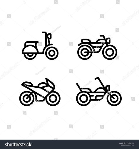 Motorcycle types line icon set. Classic motorbike, sports bike, scooter and chopper. Simple and minimal illustrations. #Ad , #SPONSORED, #set#Classic#motorbike#icon Motorbike Line Art, Motorcycle Doodle Simple, Bike Doodle Easy, Motorcycle Simple Drawing, Easy Motorbike Drawing, Bike Simple Drawing, Bike Logo Motorbikes, Bike Sketch Motorcycles, How To Draw Motorcycle