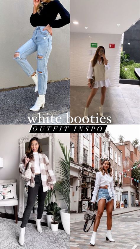 White Fall Boots Outfit, Outfits Ideas With White Boots, Outfits With White Heel Boots, White Suede Boots Outfit, Styling White Ankle Boots, Looks With White Boots, Style White Boots Fall Outfits, White Boots Office Outfit, White Pointed Boots Outfit