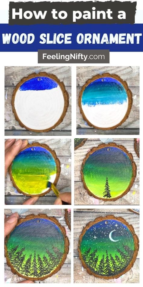 How To Paint Wood Slice Ornaments +10 Ideas To Get You Inspired Painted Wooden Slice Ornaments, Things To Paint On Wood Circles, Painting On Small Wood Slices, Watercolor Wood Slice Ornament, Watercolor Wood Ornaments, Easy Painted Wood Ornaments, Painting Wood Rounds, Paint Ideas On Wood, Wood Burn And Paint