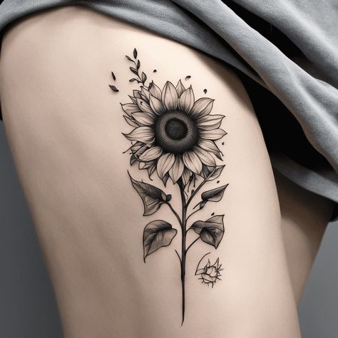 Sunflower Tattoo On Leg, Gothic Sunflower Tattoo, Sunflower Thigh Tattoo, Sunflower Tattoo Black And White, Sunflower Tattoo Stencil, Charlie Tattoo, Small Sunflower Tattoo, Sunflower Mandala Tattoo, Sunflower Tattoo Ideas