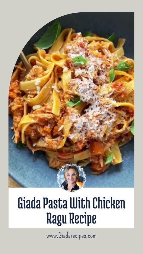 Giada Pasta With Chicken Ragu Recipe Giada Pasta, Chicken Ragu, Giada Recipes, Pasta With Chicken, Ragu Recipe, Hearty Meal, Pasta Dish, Ground Chicken, Chicken Casserole