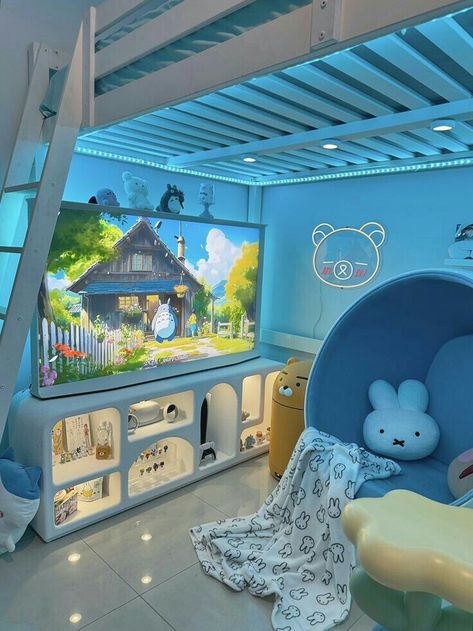 Shryma Bedroom, Kawaii Gamer Bedroom, Sonic Room Ideas, Bedroom Background Aesthetic, Blue Gamer Room, Bedroom Decor Gamer, Illusion Room, Japanese Room Aesthetic, Blue Setup