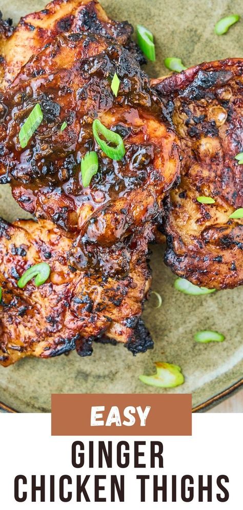 These easy ginger chicken thighs are an air fryer dinner loaded with Asian-inspired flavor! With a sweet, sticky sauce and zippy ginger, they’re guaranteed to be a hit. Ginger Curry Chicken, Asian Chicken Thighs Air Fryer, Orange Chicken Thighs Recipe, Chicken Thigh Recipes Asian, Asian Chicken Thigh Recipes, Orange Chicken Thighs, Asian Chicken Thighs, Orange Ginger Chicken, Ginger Chicken Recipes