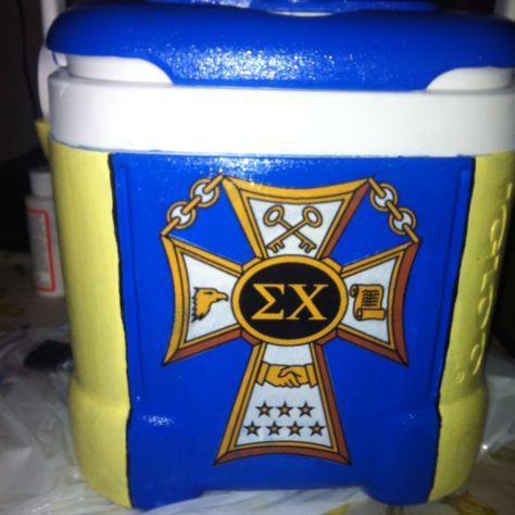 Sigma chi painted cooler I made for my boy <3 Sigma Chi Painting, Sigma Chi Formal Cooler, Frat Cooler Sigma Chi, Sigma Chi Frat Cooler, Sigma Chi Cooler, Frat Painting, Formal Coolers, Painted Coolers, Formal Cooler