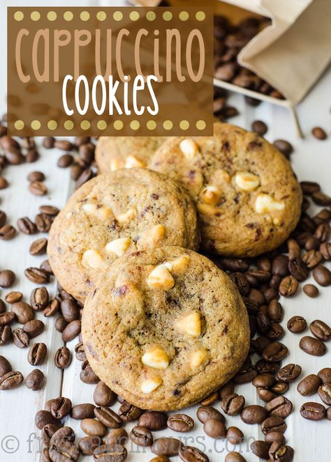 Cappuccino Cookies: Tender coffee flavored cookies studded with creamy white chocolate chips. Cappuccino Cookies, Coffee Flavored Cookies, Cappuccino Cookie, Flavored Cookies, Coffee Cookies, Oatmeal Raisin Cookies, Crinkle Cookies, Raisin Cookies, Easy Cookie Recipes