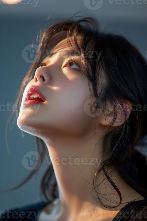 Asian young woman mouth open looking up surprised amazed expression Face Looking Up Mouth Open Reference, Woman Expression Faces, Female Face Angles, Female Looking Up, Faces Looking Up, Girl Looking Up Reference, Open Mouth Reference Photo, Mouth Open Pose, Anguish Expression