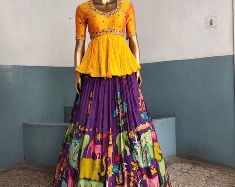 Buy Kalamkari Bridal Lehanga/ Skirt / Indian Dress/lehanga Crop Top/ Wedding Collection/indian Partywear Dress Online in India - Etsy Latest Ethnic Dresses Indian, Skirt Indian, Kalamkari Dresses, Crop Top Lehenga, Bridal Sarees South Indian, Traditional Gowns, Half Saree Lehenga, Partywear Dresses, Saree Lehenga