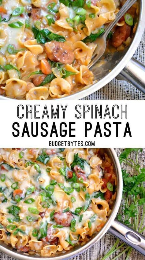 Creamy Spinach and Sausage Pasta Spinach Sausage Pasta, Cheesy Sausage Pasta, Spinach Sausage, Sausage Spinach Pasta, Pasta Spinach, Pasta Creamy, One Pot Meal, Easy One Pot Meals, Spinach Pasta