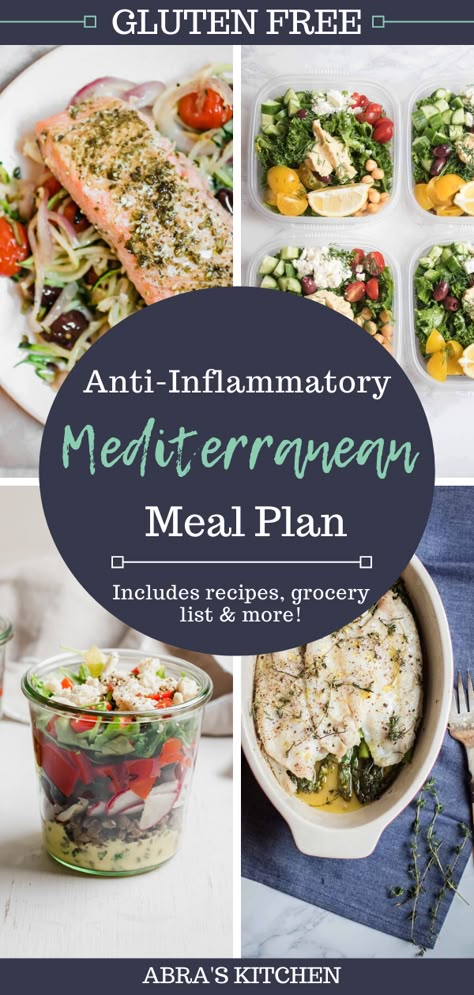 A 7 day healthy and supportive anti-inflammatory meal plan. With wholesome delicious recipes that are gluten free. PDF download with grocery list available. Mediterranean Meal Plan, Inflammation Diet Recipes, Mediterranean Diet Food List, Mediterranean Diet Recipes Dinners, Gluten Free Meal Plan, Anti Inflammation Recipes, Inflammation Diet, Mediterranean Diet Meal Plan, Easy Mediterranean Diet Recipes