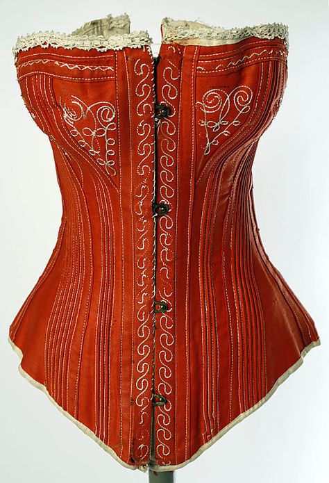 Corset. American, 1880s. The Metropolitan Museum of Art, New York. Gift of Mrs. Aline Bernstein, 1948 (C.I.48.48) Cotton Corset, Victorian Corset, Red Corset, Lingerie Vintage, Vintage Corset, Period Outfit, Costume Institute, Antique Clothing, Corset Lingerie