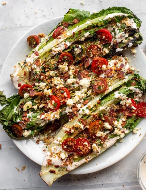 Grilled Romaine Salads with Bacon, Tomatoes and Ranch Grilled Romaine Salad Recipes, Grilled Romaine Salad, Grilled Salad, Grilled Romaine, Romaine Salad, Romaine Lettuce Salad, Homemade Ranch, Juicy Tomatoes, Summer Dinner