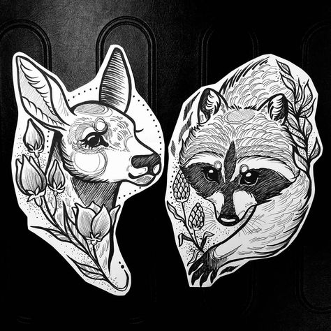 Roe Deer Tattoo, Raccoon Flash Tattoo, Racoon Tattoo Simple, Neotraditional Raccoon, Roe Deer Drawing, Raccoon With Flowers Tattoo, Computer Tattoo, Neotraditional Raccoon Tattoo, Racoon Tattoo