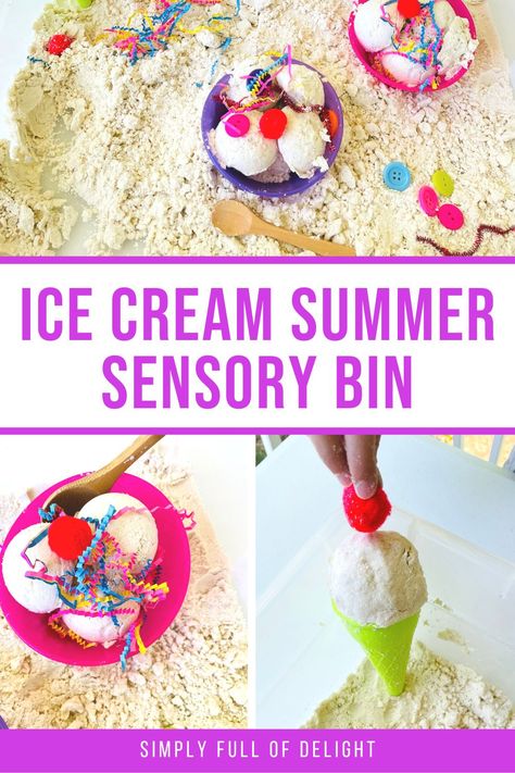 summer sensory bin - ice cream sensory play End Of Year Sensory Bin, Summer Sensory Bin Preschool, Ice Cream Sensory Bin, Summer Sensory Bin, Summer Sensory, Summer Preschool Crafts, Summer Preschool Activities, Sensory Tub, Moon Sand