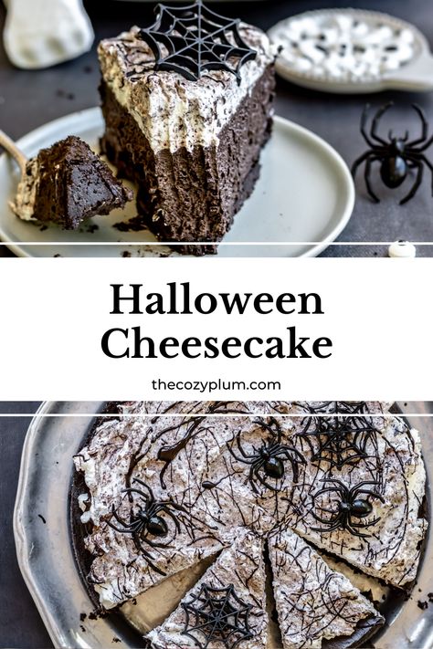 Halloween Oreo Cheesecake, Halloween Chocolate Desserts, Black Cocoa Cheesecake, Halloween Party Desserts For Adults, Spooky Cheesecake, Halloween Cheesecake Ideas, Chocolate No Bake Cheesecake, Halloween Oreo Desserts, Halloween Desserts For Adults