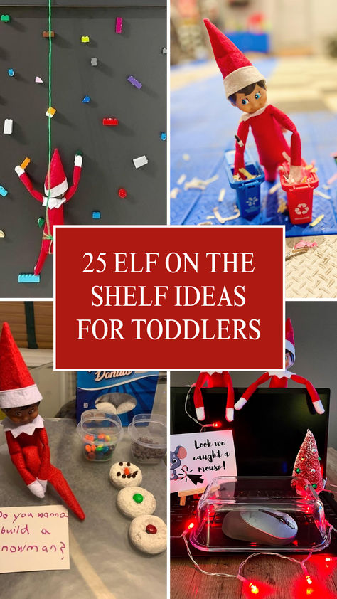 Creative and adorable Elf on the Shelf ideas for toddlers, including playful setups like climbing Lego walls, recycling fun, and festive snacks for endless holiday excitement. Elf Ideas Easy Toddlers, Funny Toddler Elf On The Shelf, Elf On The Shelf For Toddlers Ideas, Elf On The Shelf Ideas For Four Year Old, Toddler Elf On The Shelf Ideas Simple, Toddler Elf Ideas, Toddler Friendly Elf On The Shelf Ideas, Elf On A Shelf Toddler Ideas, Elf On A Shelf Ideas For Toddlers