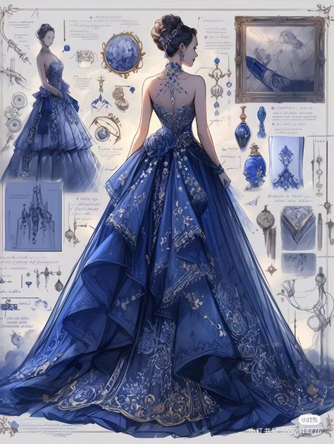 Dreamy Gowns, Blue Ball Gowns, Dark Dress, Dress Design Drawing, Old Fashion Dresses, Fantasy Dresses, Fashion Drawing Dresses, Dress Design Sketches, Fashion Illustration Dresses