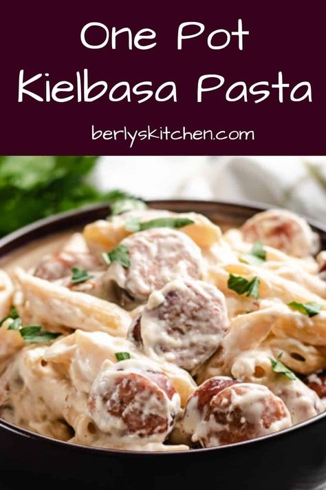 A quick and simple one pot creamy kielbasa pasta recipe. Featuring kielbasa sausage tossed with tender noodles and covered in a rich cream sauce! #berlyskitchen Creamy Kielbasa, Kielbasa Pasta Recipes, Easy Kielbasa Recipes, Kilbasa Sausage Recipes, Cream Of Mushroom Pasta, Kielbasa Pasta, Jack O Connell, Smoked Sausage Recipes, Kielbasa Recipes