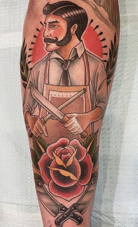 My dads most recent tattoo of a butcher. Done by Evan at First Place Tattoos in Hackettstown NJ. Meat Cleaver Tattoo, Bbq Tattoo, Butcher Tattoo, Heel Tattoos, Food Tattoos, Prison Tattoos, R Tattoo, Chefs Hat, American Traditional Tattoo