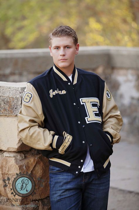 Senior guy sports letterman jacket at Knights Ferry, California. Jennifer Rapoza Photography, Sonora California Letter Men Jackets, Black Letterman Jacket Outfit Men, Letterman Jacket Outfit Men, Letterman Jacket Men, 2000s Boys Fashion, Letterman Jacket Outfit, Sonora California, College Football Outfits, Senior Jackets