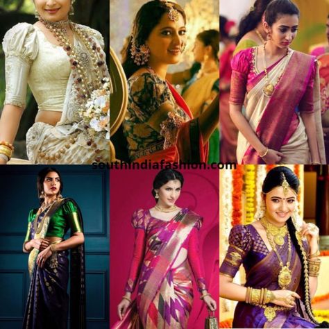 Aren’t Pattu sarees and puff sleeve blouses a match made in heaven? Try these dramatic puff sleeve blouses for pattu sarees now!! Puff Sleeves For Blouse, Puff Sleeve Saree Blouse, Blouses For Pattu Sarees, Puff Sleeve Blouse Pattern, Half Sleeve Blouse Designs, Modern Blouse Designs, Velvet Puff Sleeve, South Indian Wedding Saree, Netted Blouse Designs