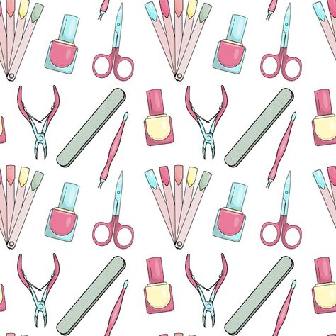 Seamless pattern with manicure tools. | Premium Vector #Freepik #vector #nail-polish #nail-paint #varnish #polish Nails Drawing Cartoon, Nail Paintings Canvas, Nails Cartoon Logo, Manicure Illustration, Nails Pattern, Pedicure Supplies, Home Nail Salon, Nail Salon Decor, Salon Business Cards