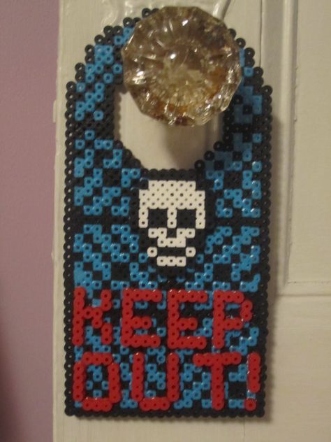 Keep Out! Skull Door Hanger perler beads by Angela Albergo (Skull and Letters are glued on) Punk Perler Beads, Perler Bead Patterns Door Hanger, Perler Door Hanger, Perler Bead Door Hanger, Perler Beads Ideas, Pearl Beads Pattern, Melty Bead Patterns, Easy Perler Beads Ideas, Halloween Beads