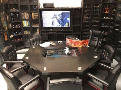 Ttrpg Room Ideas, Table Top Gaming Room, Ttrpg Game Room, Custom Dnd Table, Dnd Game Room Decor, Dnd Table Setup, D&d Game Room, Tabletop Game Room, D&d Room