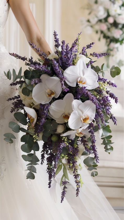 Elegant Lavender and Orchids Wedding Bouquets Lavender Wedding Arrangements, Wedding Bouquets Posy, Romantic Lavender Wedding, Wedding Bouquet With Lavender, Wedding Bouquet Lavender, Bouquet Lavender, Wedding Bride Flowers Bridal Bouquets, Bouquet Of Flowers Orchid, Drooping Bouquet Wedding