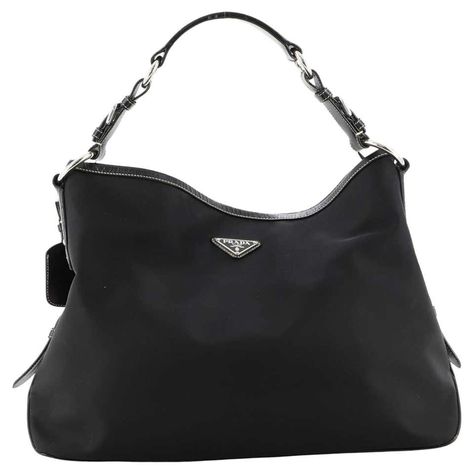 Prada Belted Hobo Tessuto with Leather Medium at 1stDibs | tessuto leather Prada Hobo, Prada Shoulder Bag, Leather Bar, Miuccia Prada, Prada Designer, Shoulder Bag Black, Black Hardware, Black Nylons, Printed Leather