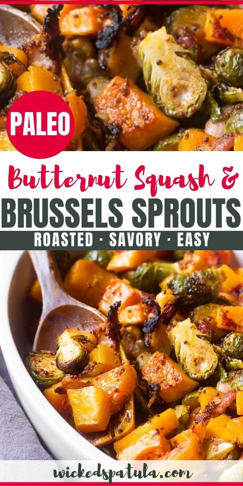 Roasted Butternut squash and Brussels Sprouts - This butternut squash and brussels sprouts recipe is LIFE! My roasted brussels sprouts and butternut squash recipe features brussels sprouts and squash (obviously!), but also bacon, garlic and a drizzle of a slightly sweet and savory maple and mustard dressing. Butternut Squash And Brussels Sprouts, Brussels Sprouts And Butternut Squash, Butternut Squash Recipes Roasted, Butternut Squash Recipe, Paleo Side Dishes, Roasted Sprouts, Sprouts Recipe, Squash Recipe, Roasted Brussels Sprouts