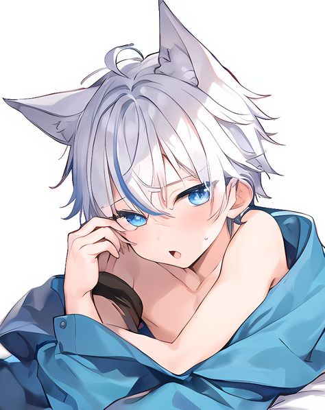 Falon PNGTuber neko boy cute fofo catboy Vtuber Neko Boy, White Hair, Anime Character, Anime, Hair, Blue, White