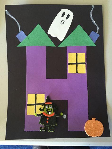 H is for "Haunted House". Letter H Haunted House Craft, Letter H Crafts For Preschoolers Halloween, Letter H Halloween Crafts For Preschoolers, Haunted House Crafts Preschool, H Is For Haunted House Preschool, H Letter Craft Preschool, Haunted House Crafts For Toddlers, Letter H Halloween Crafts, H Is For Halloween Preschool