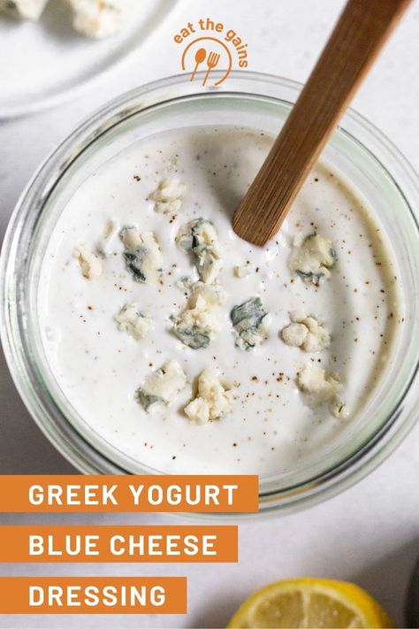 Quick, easy, and healthy greek yogurt blue cheese dressing made with just 5 ingredients and ready in 5 minutes. Packed with protein and blue cheese flavor - perfect for salads or as a dip. Chicken Burger Sauce, Buffalo Chicken Burgers, Blue Cheese Dressing Recipe, Cheese Salad Dressing, Bleu Cheese Dressing, Healthy Dressing, Blue Cheese Salad, Blue Cheese Dip, Blue Cheese Sauce