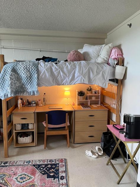 Dorm Loft Bed Ideas Storage, College Dorm Triple, Dorm Room High Bed Ideas, Dorm Bunk Bed Ladder, Lofted Bed With Desk Underneath Dorm, College Loft Dorm Room Ideas, College Dorm Room Ideas Desk Under Bed, 2 People Dorm Room Ideas, Loft Dorm Bed Ideas