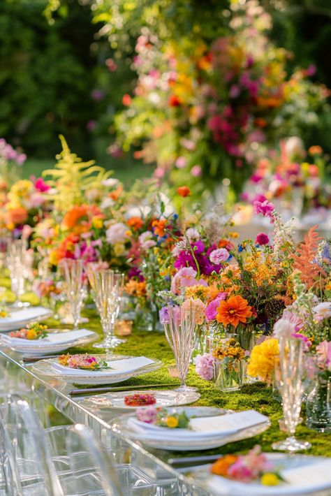 30+ Wildflower Wedding Themes That Bring the Outdoors In Wildflower Garden Layout, Wildflower Wedding Diy, Wedding Summer Flowers, Bright Pink And Green Wedding, Summer Wedding Wildflowers, Wild Flower Wedding Color Palette, Wildflower Wedding Fall, Colourful Garden Wedding, Orange And Purple Wedding Theme