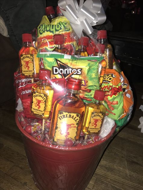 Fireball Gift Basket Spicy Basket Ideas, Fireball Birthday Gift, Fireball Basket Gift Ideas, Prize Gift Basket Ideas, Booze Basket Ideas Fun, Fireball Gift Basket, Fireball Gift Ideas, Fireball Birthday, Alcohol Baskets