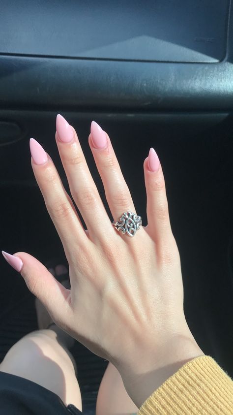 Short Stilleto Shape Nails, Small Stelito Nails, Light Pink Pointy Nails, Short Pink Stilleto Nails, Short Nail Stilleto Ideas, Medium Stelito Nails, Stellitoes Nails Short, Medium Pointy Nails, Short Pointed Acrylic Nails