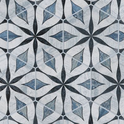 Inspired by a vintage look, our Cassis Hex Flower Black Porcelain Floor and Wall Tile features a mixed textured finish, making it a great choice for your space. With its impervious, frost-resistant features, this blue hexagon tile is ideal for indoor and outdoor commercial and residential installations, including kitchens, bathrooms, backsplashes, showers, hallways, entryways, patios, and fireplace facades. This tile is a perfect choice on its own or paired with other Cassis Hex Flower Collectio Penny Tile Combination, Merola Tile Backsplash, Bold Bathroom Floor Tile, Blue Tile In Bathroom, Colorful Kitchen Floor Tiles, Blue Bathroom Flooring, Fun Mudroom Tile, Retro Floor Tile, Fun Tile For Laundry Room