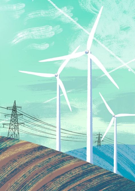 Wind Turbines illustration by Catherine Pape Wind Power Drawing, Energy Illustration, Wind Illustration, Clean Energy Illustration, Wind Turbine Painting, Wind Energy Illustration, Wind Energy Poster, Energy Efficiency Illustration, Wind Turbine Art