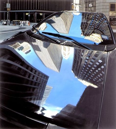 Richard Estes "Broad Street, New York City", 2003 Richard Estes, Reflection Painting, Hyper Realistic Paintings, Reflection Art, Modern Deco, Principles Of Design, Mom Art, Realistic Paintings, Hyperrealism