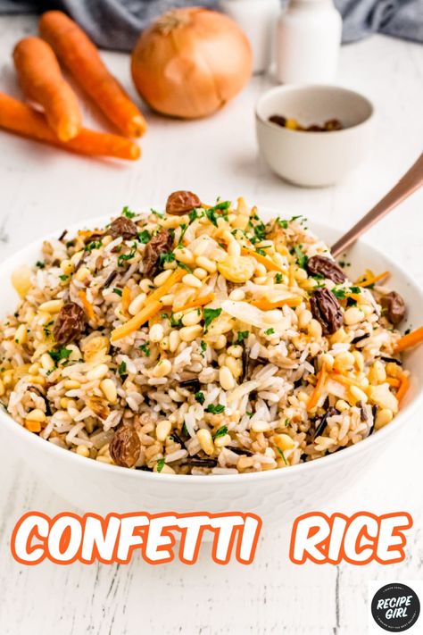 Confetti Rice Recipe, Risotto Side Dish, Confetti Rice, Family Dinner Night, Viral Recipes, Pasta Side Dishes, Pasta Sides, Dinner Night, Toasted Pine Nuts