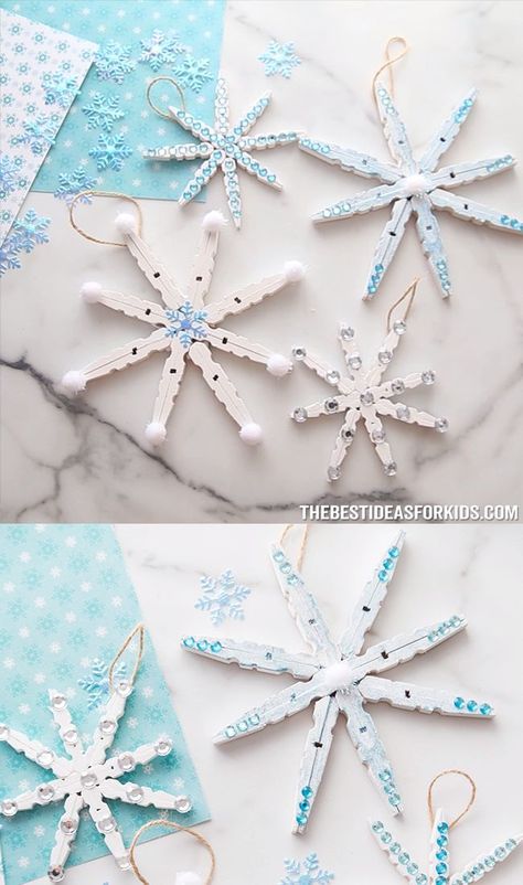 Christmas Tree Decorations Diy, Clothespin Snowflake, Diy Christmas Snowflakes, Clothespin Diy Crafts, Clothespin Crafts, Easy Christmas Ornaments, Snowflake Craft, Ornament Craft, Pin Crafts