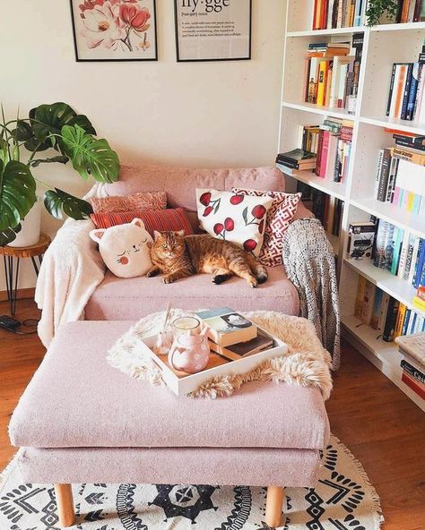 Small Space Living Small Girly Apartment, Cat Friendly Home Interior Design, Girly Living Room Ideas, Pink Living Room, Apartment Life, Cozy Room, Apartment Inspiration, Living Room Inspo, Cozy Living