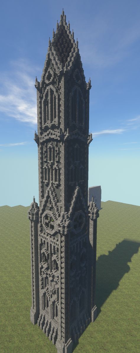 Minecraft Deep Slate Tower, Gothic Style Minecraft Builds, Minecraft Spire Roof, Gothic Village Minecraft, Minecraft Fantasy Builds Tower, Minecraft Evil Tower, Minecraft Gothic Tower, Gothic Minecraft Castle, Minecraft Tower Blueprints