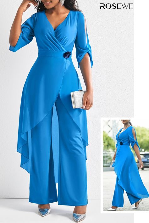 Blue Jumpsuits Outfit, Light Blue Jumpsuit, Elegant Long Sleeve Wedding Dresses, Cold Shoulder Jumpsuit, Chiffon Jumpsuit, Blue Jumpsuit, Wedding Jumpsuit, Jumpsuit Outfit, Blue Jumpsuits