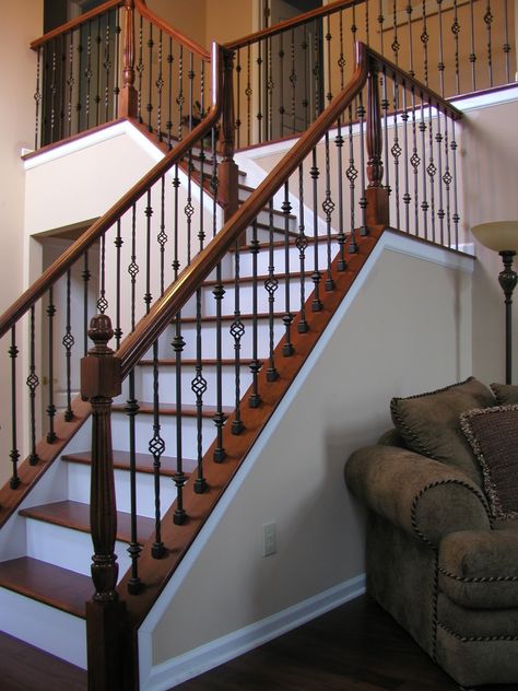 wrought iron stair railings interior | Lomonaco's Iron Concepts & Home Decor: Iron Balusters, Wood Handrail ... Bannister Update, Metal Handrails For Stairs, Iron Staircase Railing, Iron Stairs, Indoor Railing, Metal Stair Railing, Stairs Railing, Wrought Iron Stair Railing, Rustic Stairs