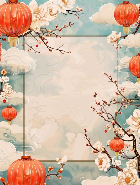 Realistic Chinese New Year Background with Clouds and Lanterns Chinese New Year Flower Illustration, Chinese New Year Lantern, Chinese New Year Flower, Clouds Illustration, Lantern Illustration, Chinese New Year Background, Inspirational Digital Art, New Year Background, Cloud Illustration