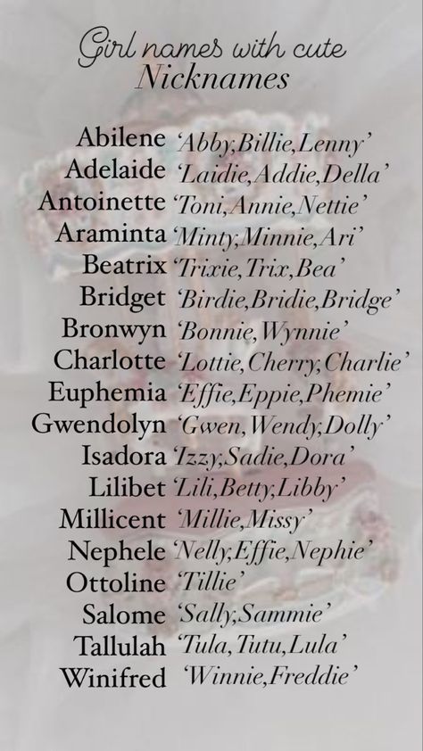 Baby girl name list. Cute Girl Names With Nicknames, Names With Nicknames Girl, Female Names With Nicknames, Girls Names With Nicknames, Name With Nicknames, Long Names With Nicknames, Coquette Girl Names, Baby Names With Nicknames, Coquette Names